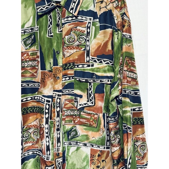 VTG Silk's Brand 100% Silk Long Sleeve Blouse Geometric Design Earth Tones 1X - Picture 2 of 5